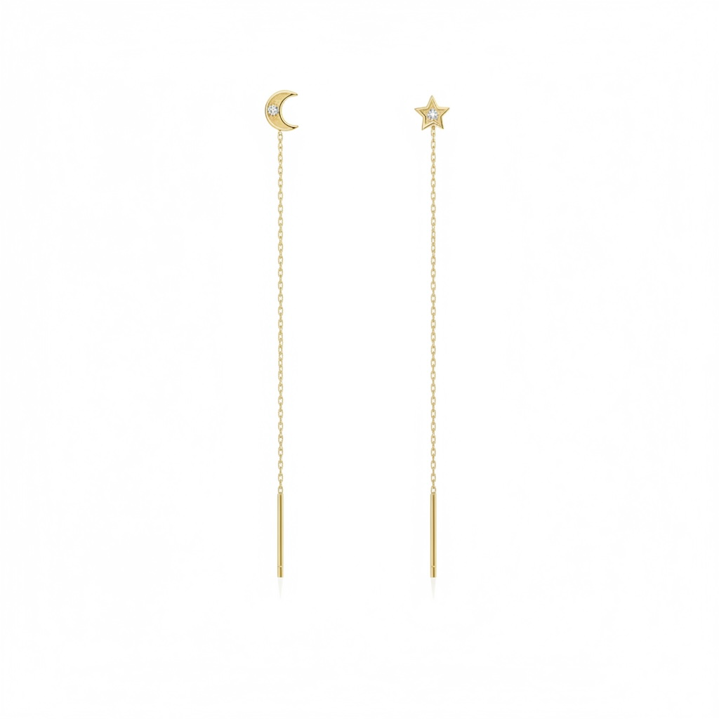 Boucles Leah Gold — threader asymétrique lune & étoile zircons en argent 925 plaqué or 18k. 48mm, résistantes à l'eau, hypoallergéniques. Poétique et inoubliable. vue produit