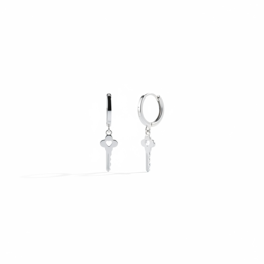 Boucles Unlock Silver — mini créoles charm clé en argent 925 rhodié. 8,5mm, hypoallergéniques, résistantes à l'eau. Minimaliste, symbolique, inoubliable.