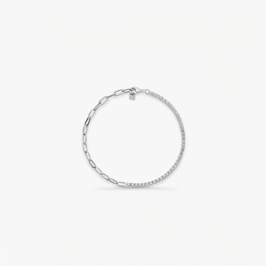 Bracelet Luxe Dream Tennis Silver — mi-rivière zircons grade 5A, mi-chaîne en argent 925 rhodié anti-ternissement. 15+3cm, résistant à l'eau, hypoallergénique.