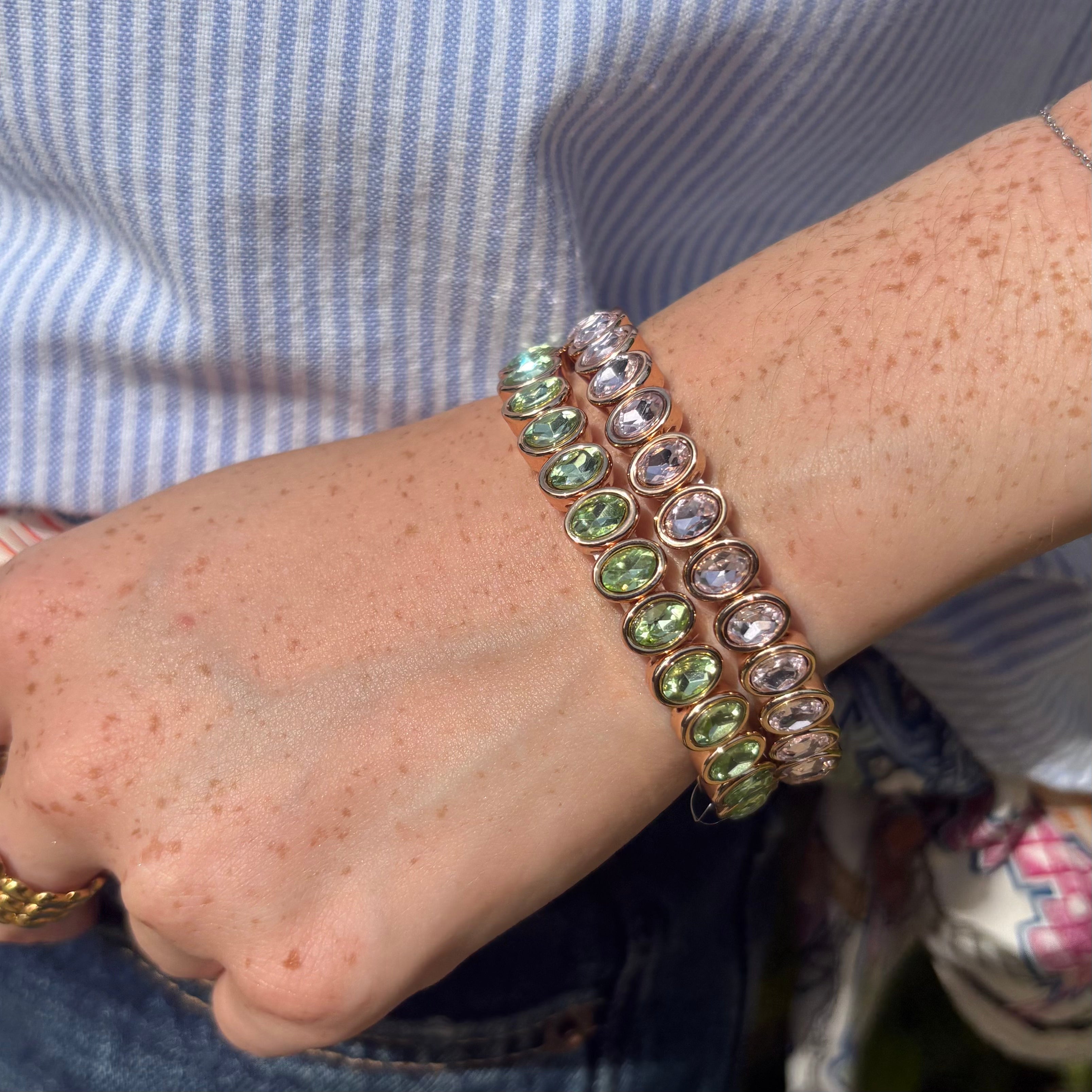 double crush set bracelets matcha et bubblegum portes par une femme acier inoxydable luxlab collection