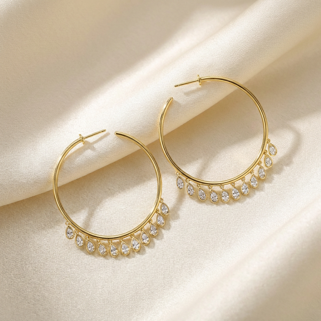 Créoles Inès Gold — cercle fin 47mm & pampilles gouttes zircons grade 5A en argent 925 plaqué or 18k. Ultra légères, hypoallergéniques, résistantes à l'eau.