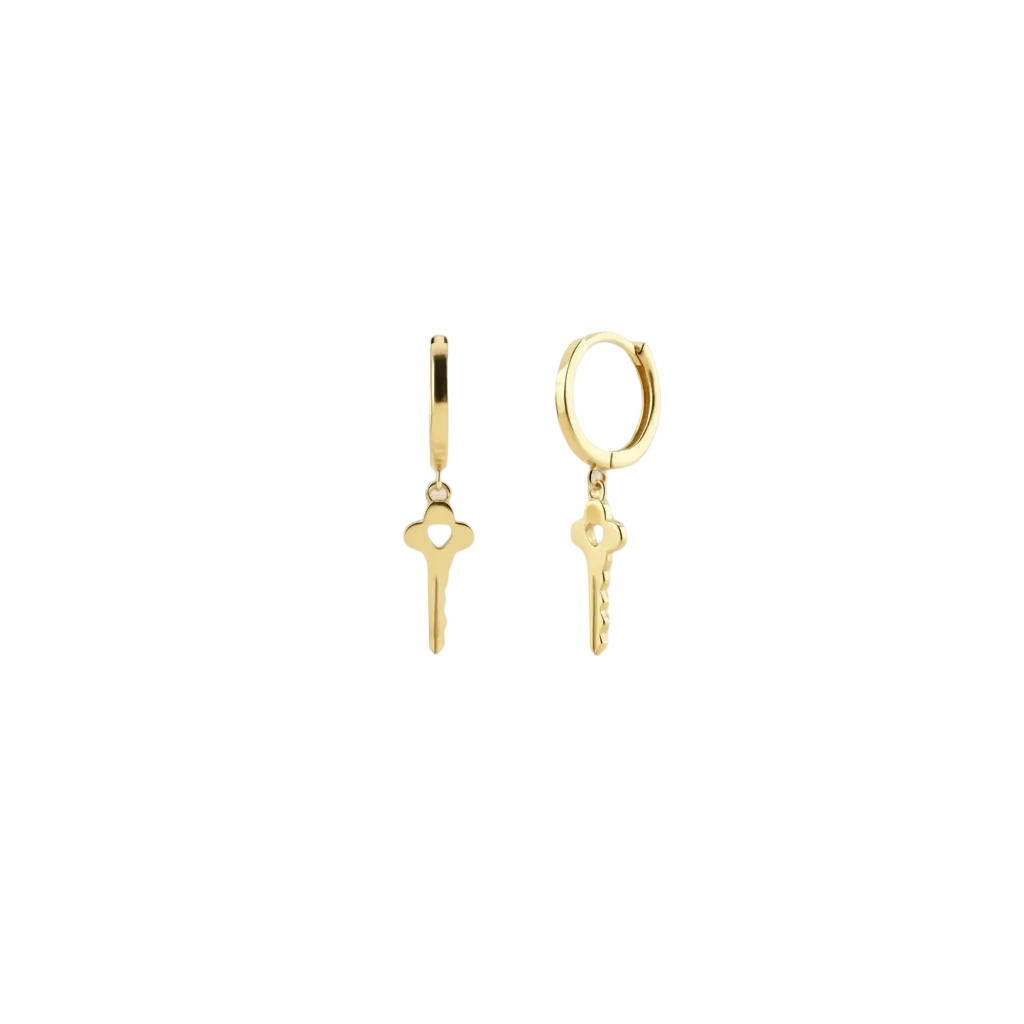 Unlock Gold earrings — mini hoops with mirror key charm in 18k gold plated 925 silver. 8.5mm, hypoallergenic, water-resistant. Luxlab Collection