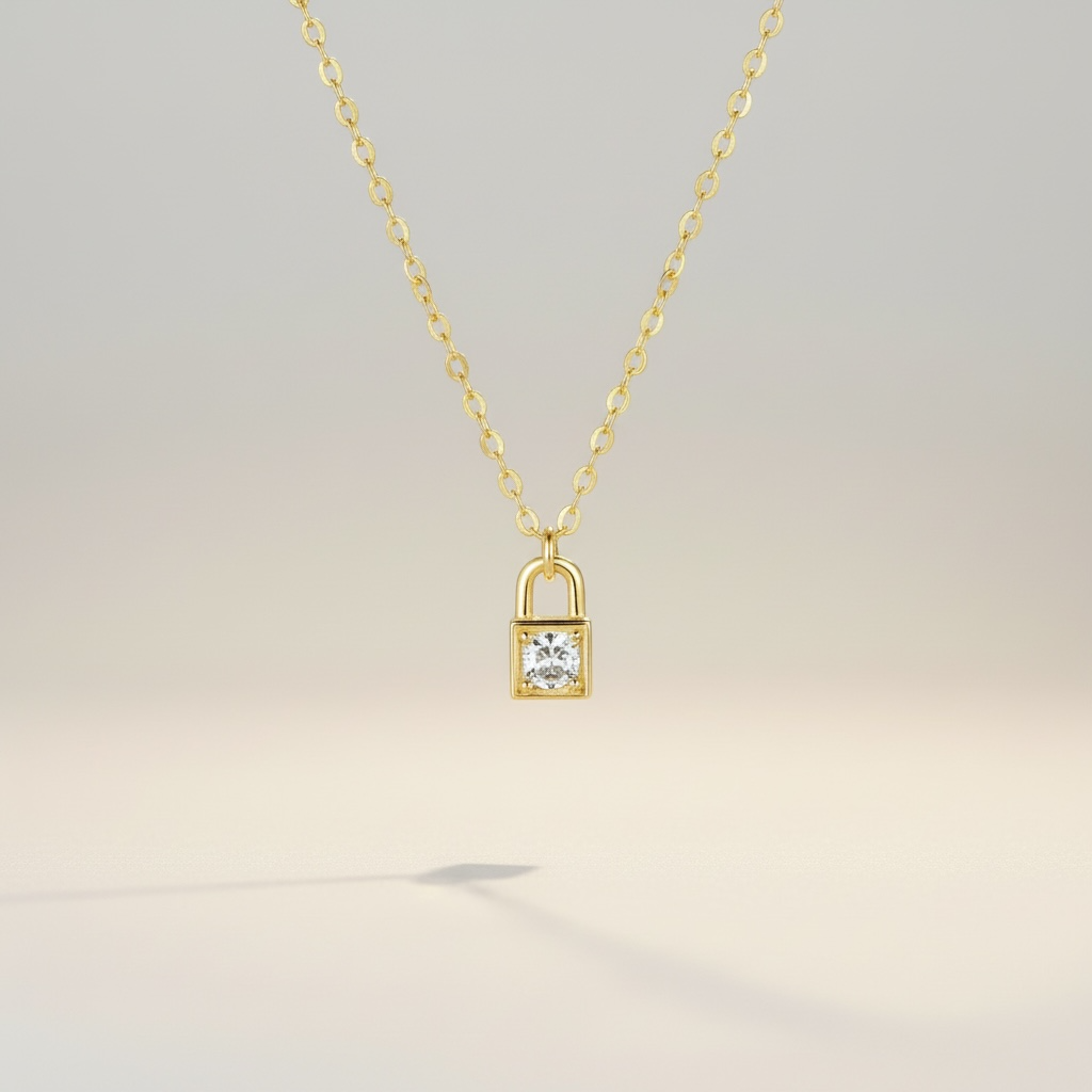 Yours Gold necklace — padlock pendant with diamond zirconia in 18k gold plated 925 silver. 40+5cm, waterproof, hypoallergenic. Timeless symbol of love.
