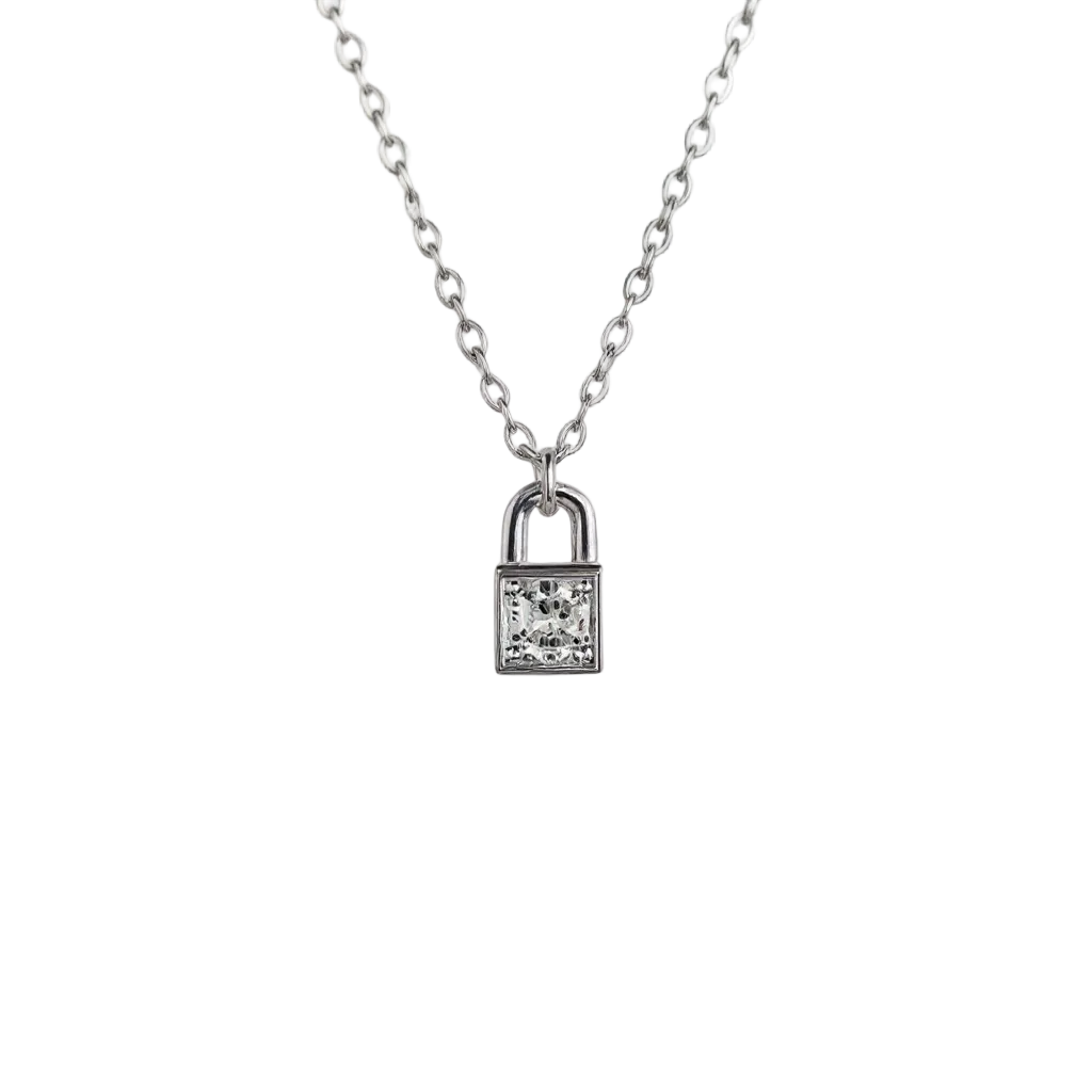 Yours Silver necklace — mirror padlock & diamond zirconia in rhodium plated 925 silver. 40+5cm, waterproof, hypoallergenic. Understated, elegant, full of meaning.