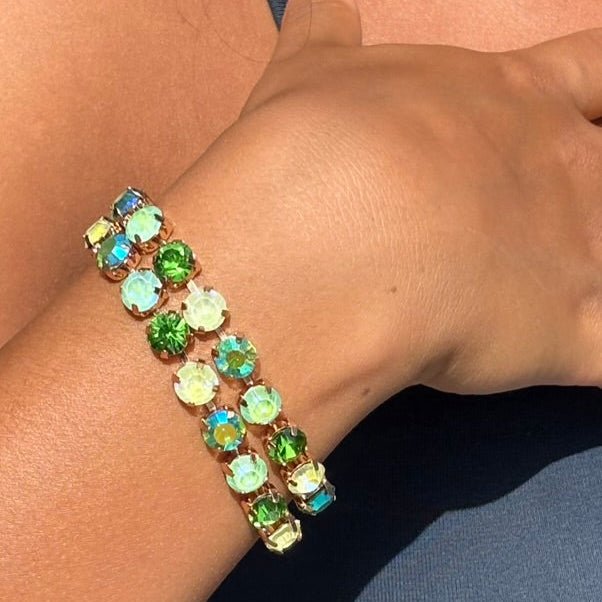 detail bracelet lime luxe cristaux verts irises acier inoxydable dore luxlab collection