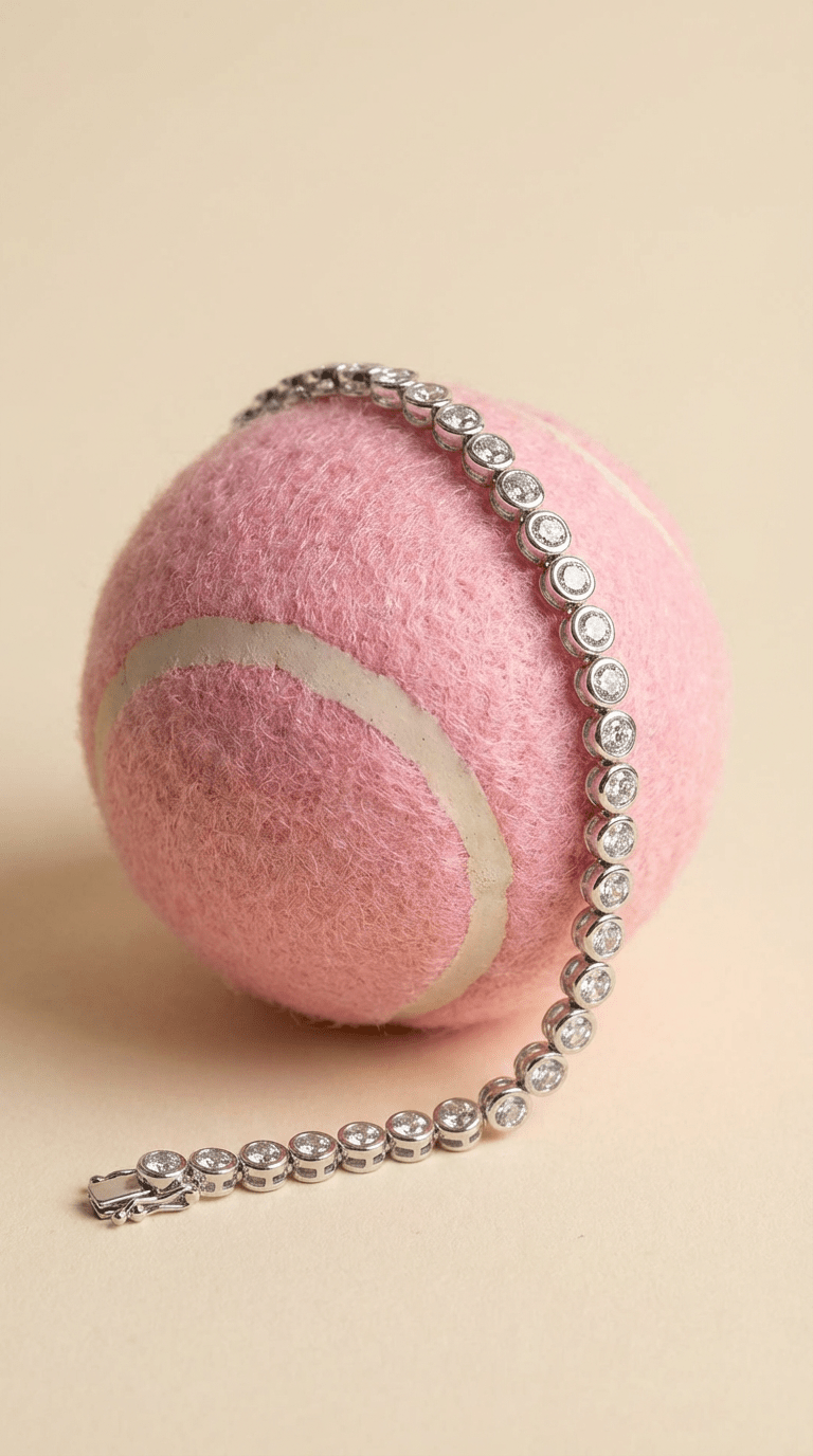 Bracelet tennis Pretty argent rhodié Luxlab Collection monture Bezel, zircons grade 5A vue sur une balle de tennis rose