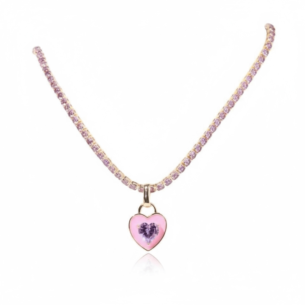 💗 Candy Heart Necklace – Pink Edition | Collier cœur femme en acier inoxydable doré & zircon violet - Luxlab Collection