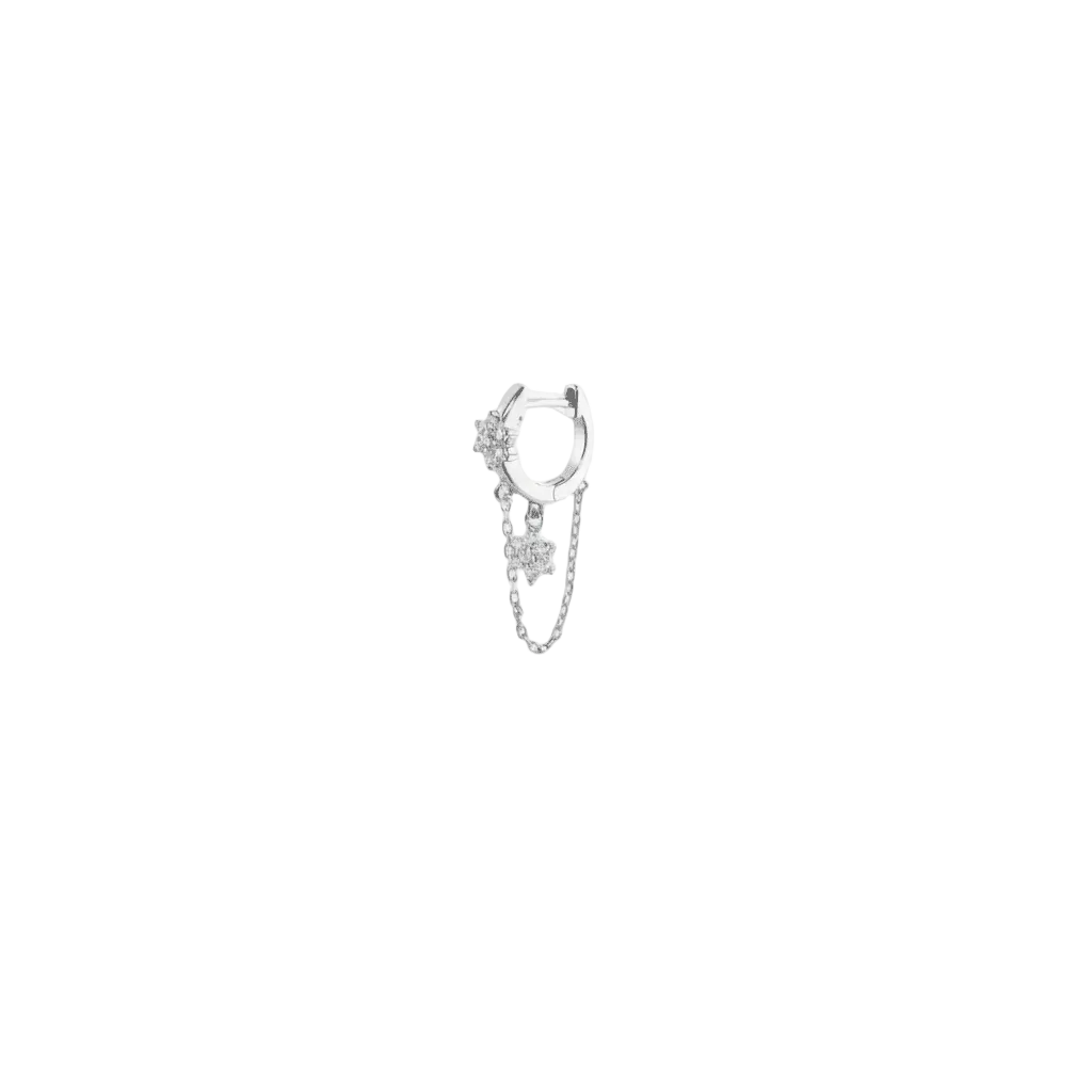 Mono boucle Iris Silver — fleur & étoile pavées zircons en argent 925 rhodié, chaînette fine. Hypoallergénique, résistante à l'eau. Éclat céleste délicat.
