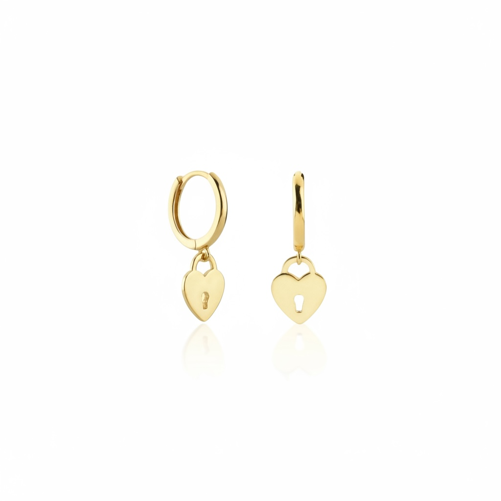 Boucles Lock Gold — mini créoles charm cœur-cadenas en argent 925 plaqué or 18k. 8,5mm, hypoallergéniques, résistantes à l'eau. 