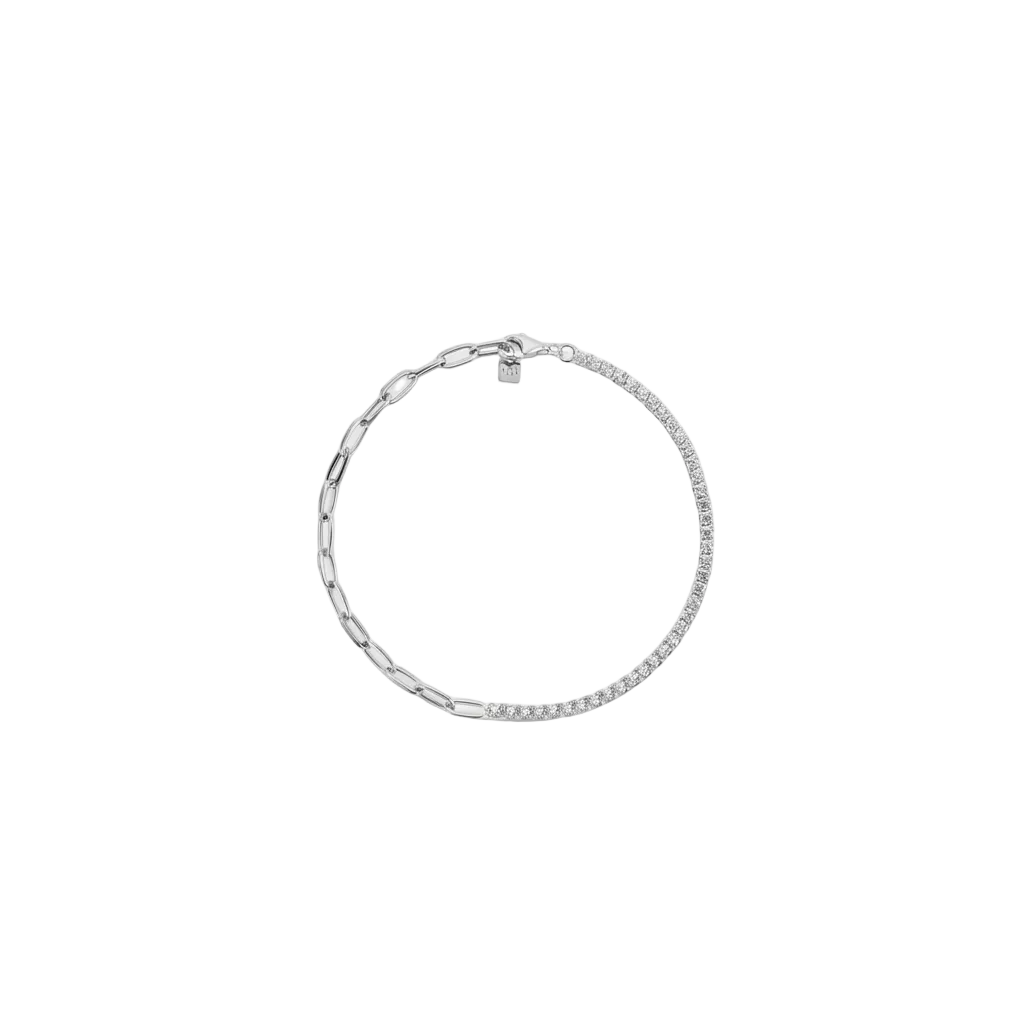 Bracelet Luxe Dream Tennis Silver — mi-rivière zircons grade 5A, mi-chaîne en argent 925 rhodié anti-ternissement. 15+3cm, résistant à l'eau, hypoallergénique.
