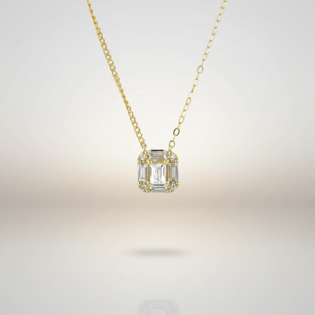 Collier Studio Gold — pendentif solitaire halo zircons grade 5A en argent 925 plaqué or 18k. 40+5cm, waterproof, hypoallergénique. Joaillerie accessible. vu produit Luxlab Collection