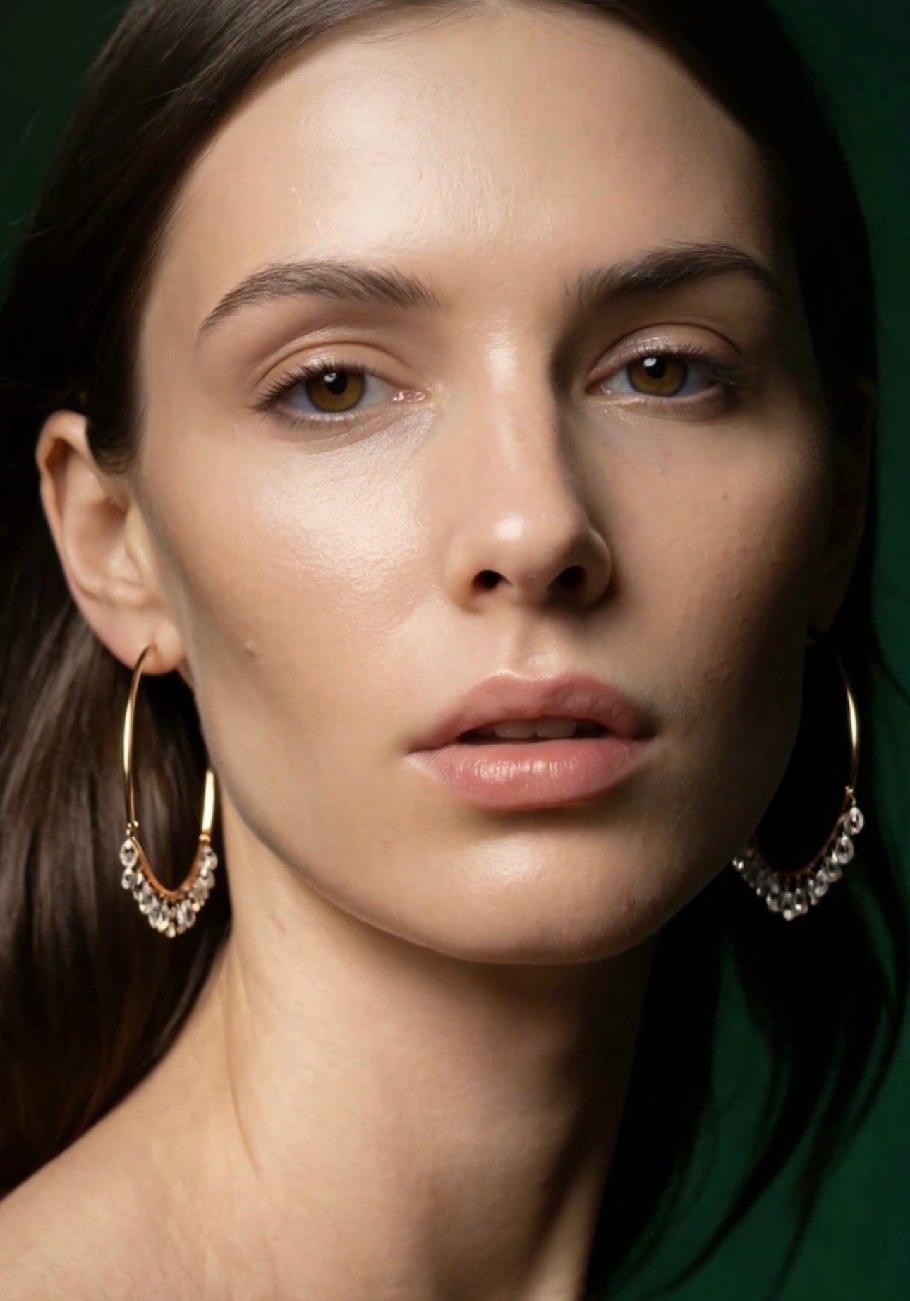 Inès Gold hoops — delicate 47mm circle with grade 5A zirconia drop charms in 18k gold plated 925 silver. Ultra lightweight, hypoallergenic, water-resistan