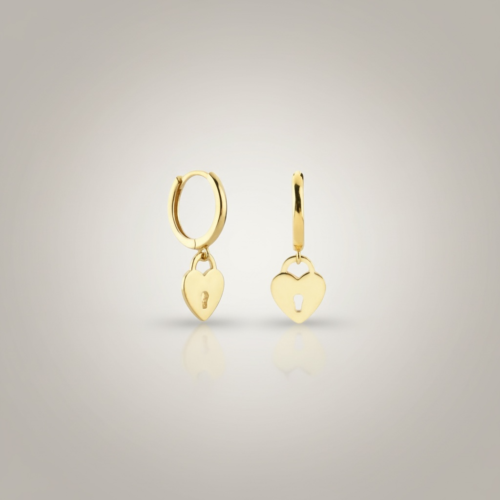 Lock Gold earrings — mini hoops with heart-lock charm in 18k gold plated 925 silver. 8.5mm, hypoallergenic, water-resistant