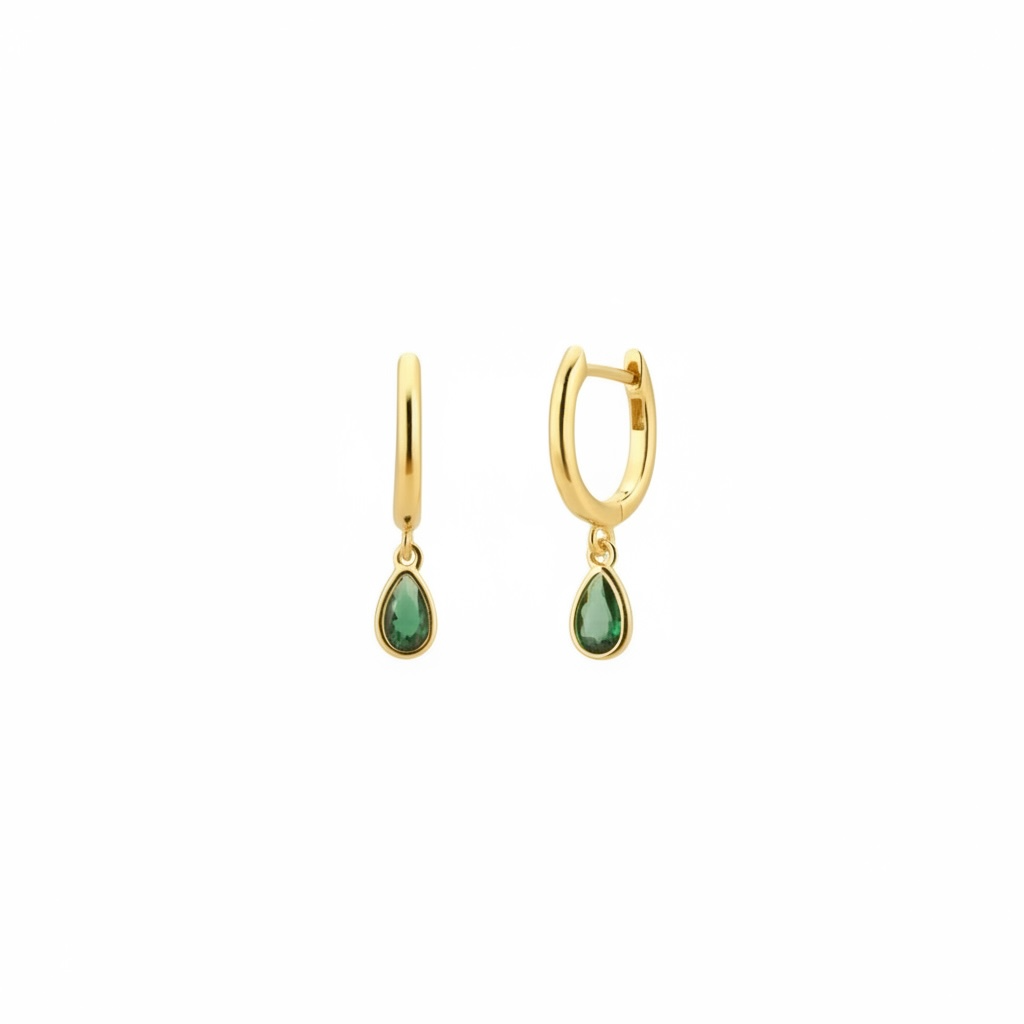Palma earrings — drop-cut green zirconia in 18k gold plated 925 silver. 20mm, hypoallergenic, water-resistant. Limited edition. Accessible fine jewelry.