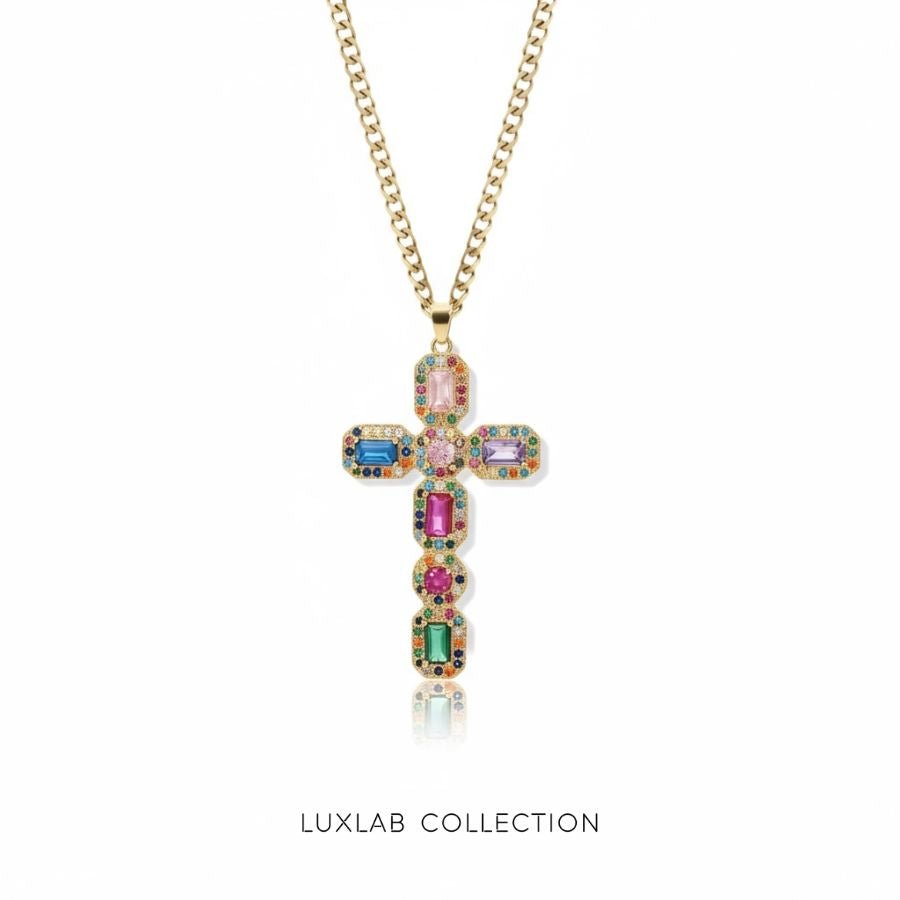 Collier croix Divine Energy — Acier inoxydable PVD or 18 carats & zircons multicolores - Luxlab Collection