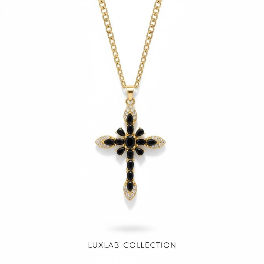Collier croix Midnight Icon — Acier inoxydable PVD or 18 carats & zircons noirs - Luxlab Collection