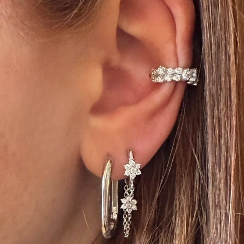 Ear cuff AFTER PARTY silver porté effet faux piercing sans perçage, éclat diamant, argent 925 rhodié 