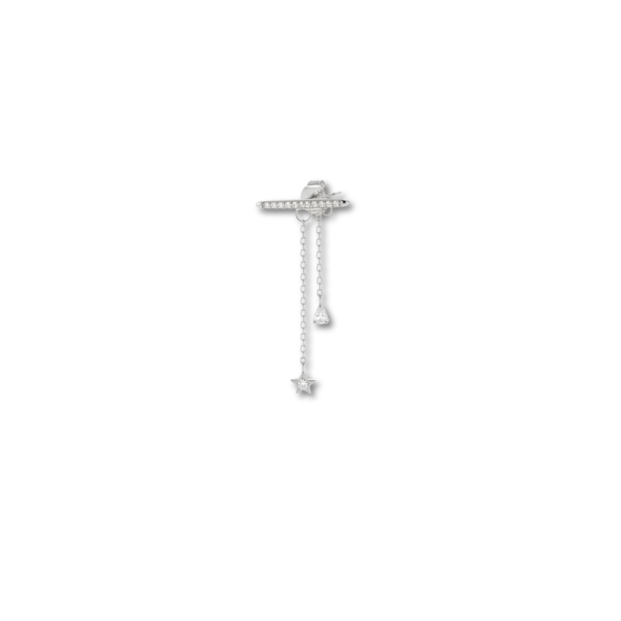 Mono boucle Stellar — barre pavée zircons grade 5A, pampilles étoile & goutte en argent 925 rhodié. Hypoallergénique, résistante à l'eau. Vendue à l'unité.